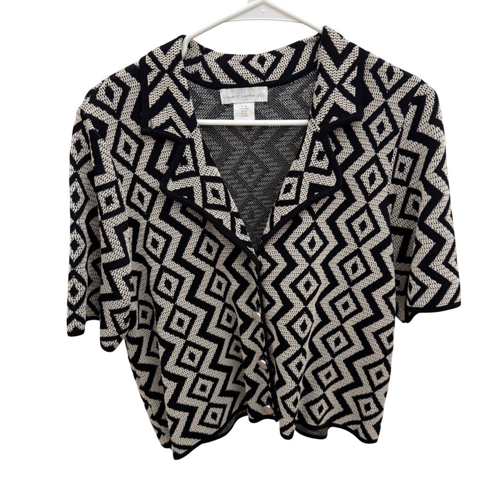 House of Harlow 1960 Womens Geometric Knit Button Front Short Sleeve Top Medium‎